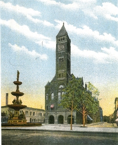Postcard showing tower prior to 1924 clock installation.